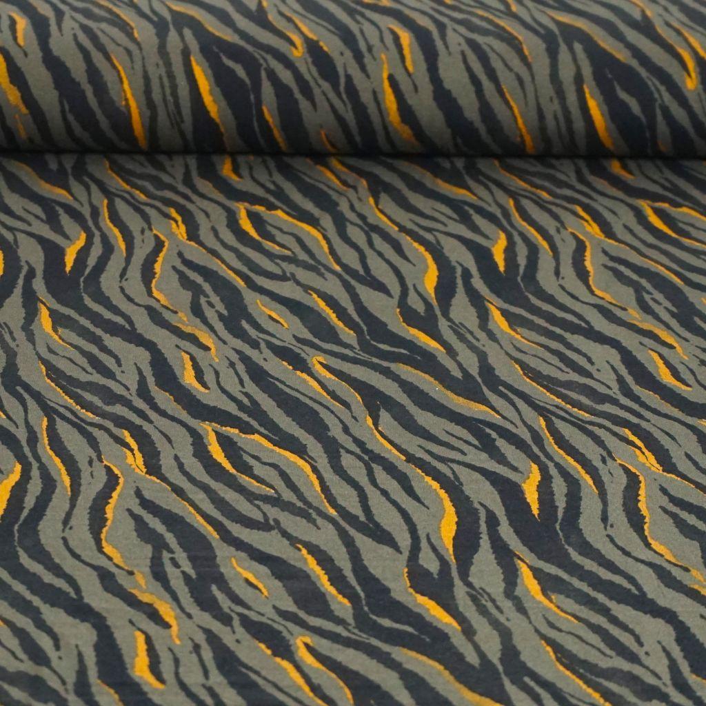 Viskosejersey Tigerstreifen schwarz gelb auf oliv